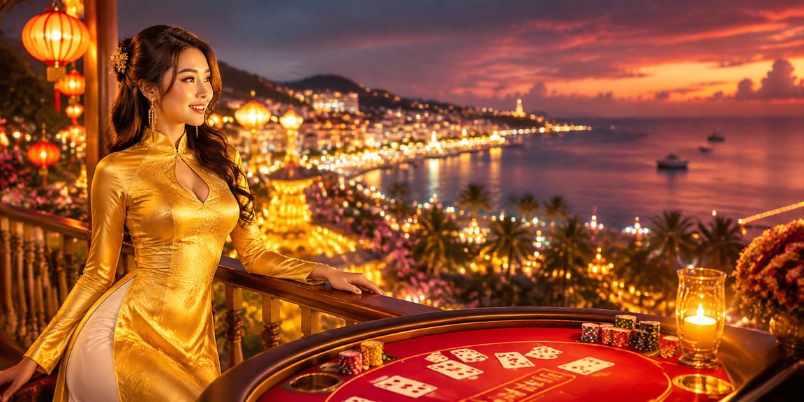 Khung cảnh Phú Quốc với người chơi Baccarat mặc áo dài truyền thống, trải nghiệm casino sang trọng